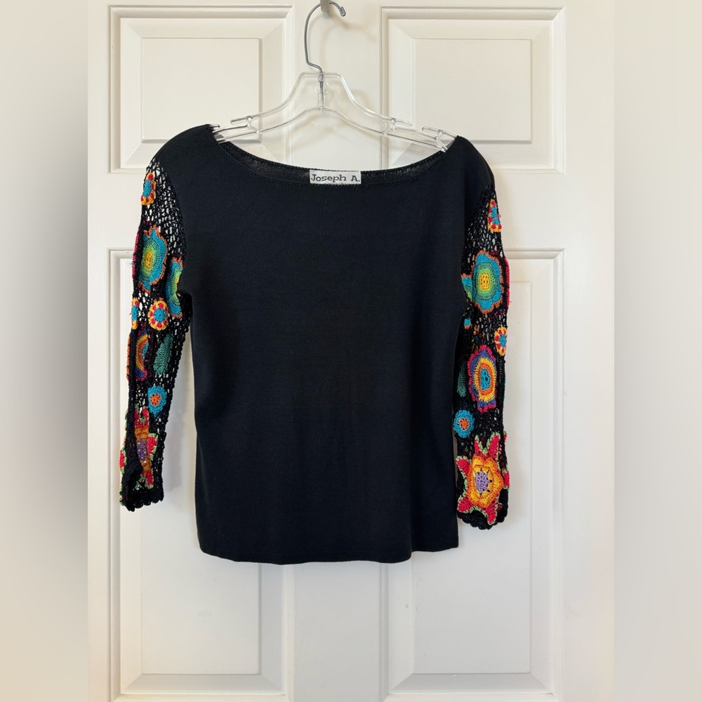 Joseph A. Black Top with Colorful Crochet Sleeves